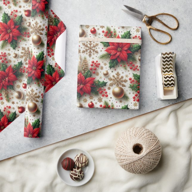 Weihnachts Rote Poinsettia Goldene Snowflake Gloss Geschenkpapier (Kunsthandwerk)