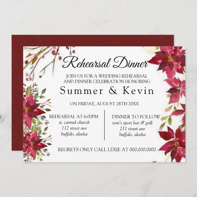 Weihnachts-Rote Poinsettia Hochzeitsessen Probe Einladung (Vorne/Hinten)