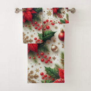 Weihnachts-Rote Poinsettia mit goldenen Schneefloc Badhandtuch Set