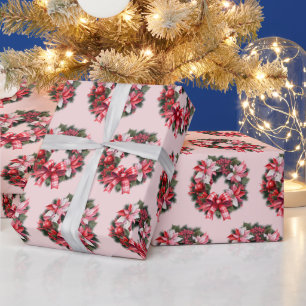 Weihnachts Rote Poinsettia und Berries Wreath Pink Geschenkpapier