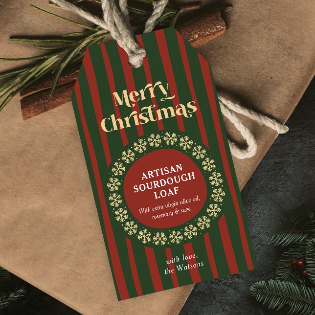 Weihnachts Rote Streifen Handgefertigte Geschenkta Geschenkanhänger (Vintage Christmas handmade gifts hang tags with red and green stripe patter and retro font)