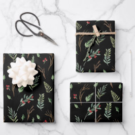 Weihnachts Roter Berry Botanische Wasserfarbe Schw Geschenkpapier Set