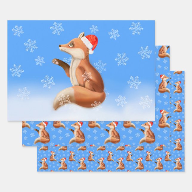 Weihnachts-Roter Fox mit Weihnachtsmannmütze und S Geschenkpapier Set (Set)