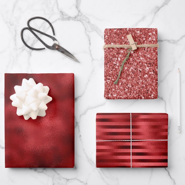Weihnachts-Roter Glitzer Sparkle Streifen Geschenkpapier Set (Vorderseite)