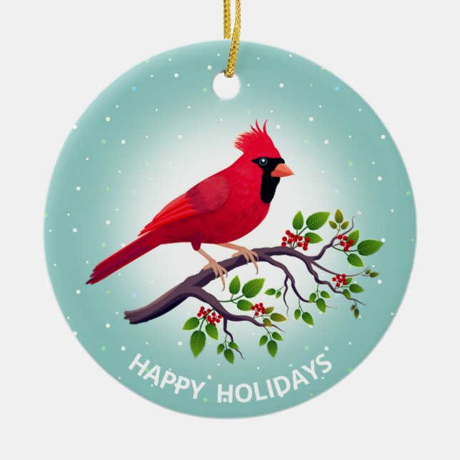 Weihnachts Roter Kardinal Bird auf Aquamarin Keramik Ornament (Vorne)