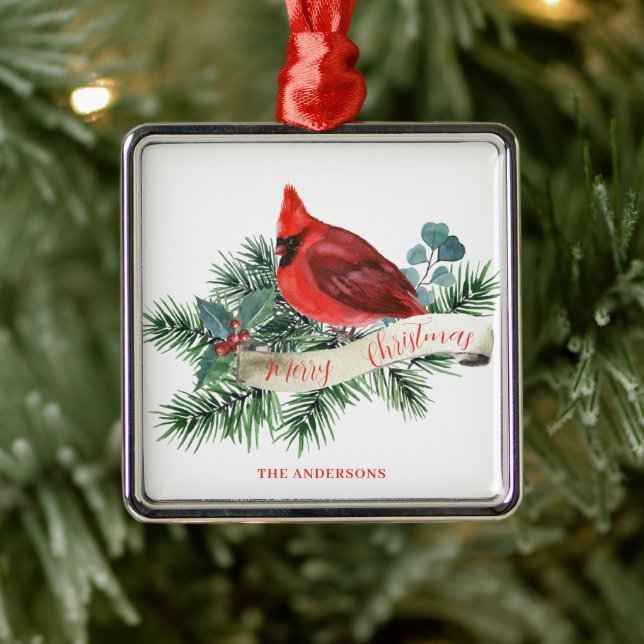 Weihnachts Roter Kardinal Pine Berry Name Ornament Aus Metall (Baum)