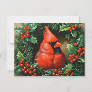 Weihnachts-Roter Kardinal und Holly Berry Wreath Postkarte