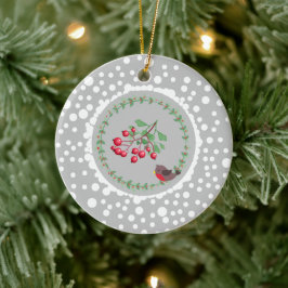 Weihnachts Roter Robin mit Kranz und Schnee Keramik Ornament
