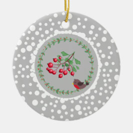 Weihnachts Roter Robin mit Kranz und Schnee Keramik Ornament