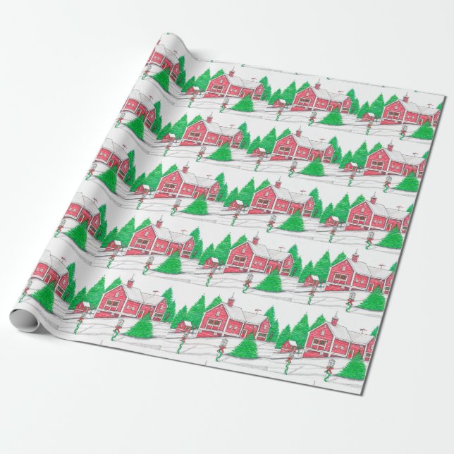 Weihnachts Roter Stall Wrapping Paper Geschenkpapier (Ungerollt)