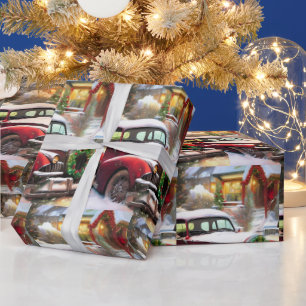 Weihnachts-Rotes Auto im Schnee Geschenkpapier