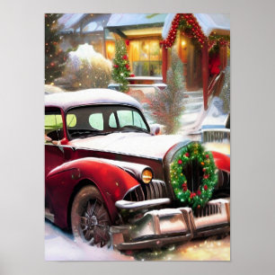 Weihnachts-Rotes Auto im Schnee Poster