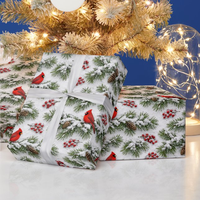 Weihnachts-Rotkardinal Verschneiter Immergrüner Geschenkpapier (Feiertage)