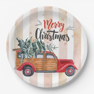 Weihnachts-Rotpanel-Lieferwagen im Vintage-Stil Pappteller