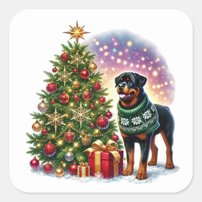Weihnachts-Rottweiler vom Festbaum Quadratischer Aufkleber (Vorderseite)