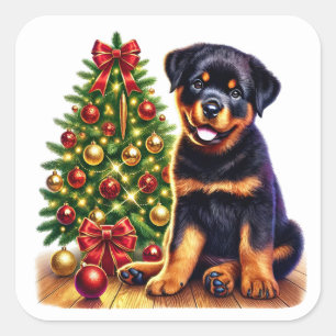 Weihnachts-Rottweiler-Welpe vom Festbaum Quadratischer Aufkleber