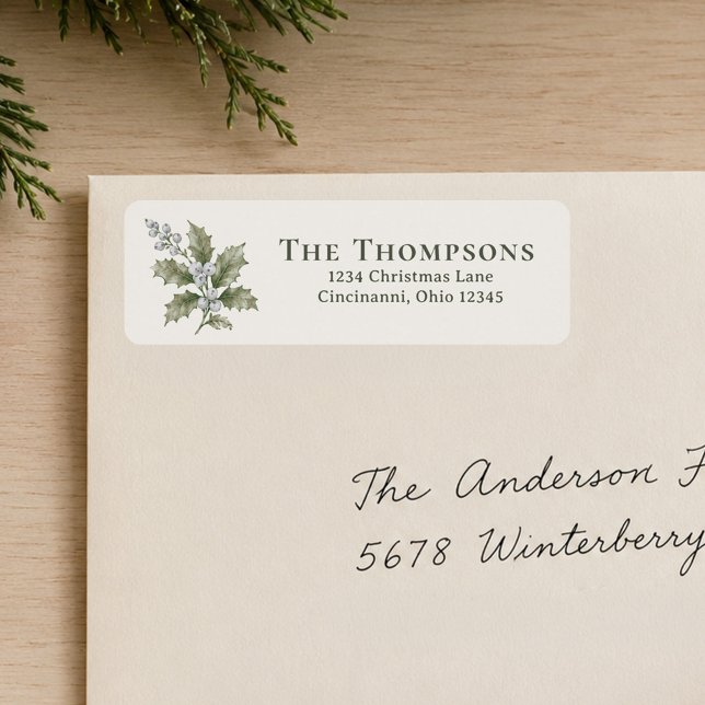 Weihnachts-Rücksendeadresse Wintergrün  (Personalized green return address labels with elegant Christmas foliage and holly berries.)