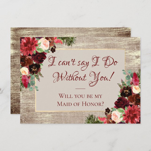 Weihnachts Rustikales Boho Burgundy Gold Brautpart Einladung (Vorne/Hinten)