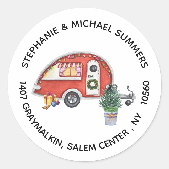 Weihnachts RV Camper Camping Rücksendeadresse Runder Aufkleber (Vorderseite)