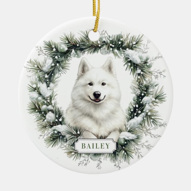 Weihnachts Samoyed Hund Keramik Circle Ornament (Vorne)