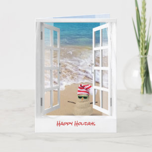 Weihnachts-Sand-Schneemann am tropischen Strand Karte