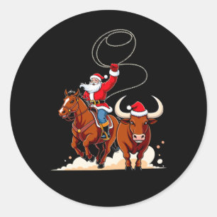 Weihnachts-Santa-Cowboy-Lasso-Stier-Reiten-Rodeo Runder Aufkleber