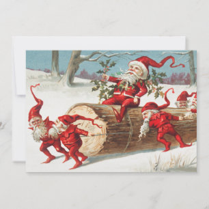 Weihnachts-Santa-Elfen rutschen auf einem Baumstam Feiertagskarte