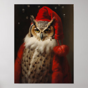 Weihnachts-Santa-Eule Vintage-Porträt, gekleidetes Poster