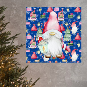 Weihnachts-Santa-Gnom & Blaues Muster Hintergrund Poster