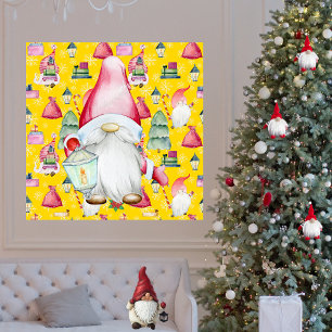 Weihnachts-Santa-Gnom & gelber Musterhintergrund Poster