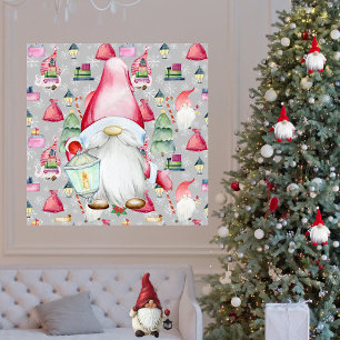 Weihnachts-Santa-Gnom & Silbermuster-Hintergrund Poster