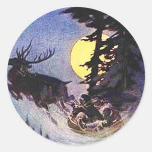 Weihnachts-Santa-Zwei-Rentiere-Wald-Geschenkpapier Runder Aufkleber