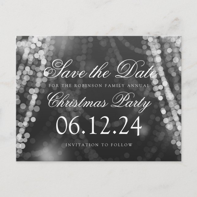 Weihnachts Save the Date String Lights Silver Ankündigungspostkarte (Vorderseite)