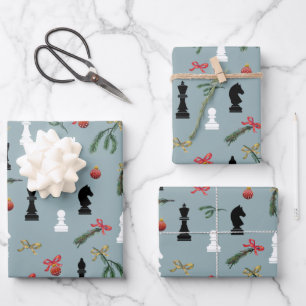 Weihnachts Schachspiel Muster Blau Geschenkpapier Set