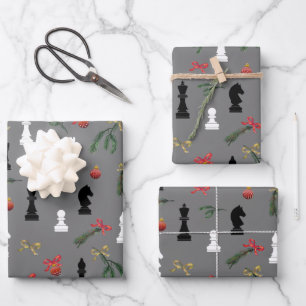 Weihnachts Schachspiel Muster Grau Geschenkpapier Set