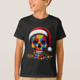 Weihnachts-Schädel-Santa-Hut-Block-Ziegel-Meister- T-Shirt