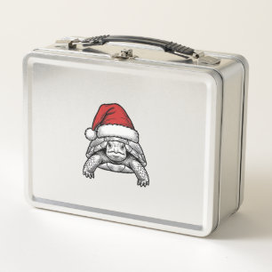 Weihnachts-Schildkröte-Santa-Hut-Vintage-Stich-Des Metall Brotdose