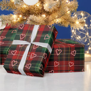 Weihnachts-Schleifen-Herzen auf Tartan-Karomuster Geschenkpapier
