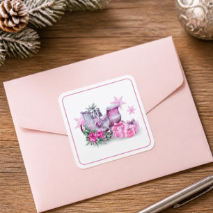 Weihnachts-Schlitten in Rosa Aquarell Quadratischer Aufkleber
