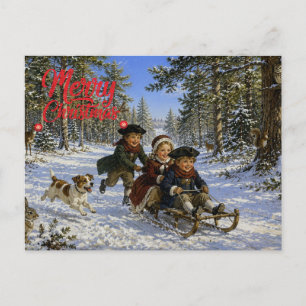 Weihnachts-Schlittenfahrt durch den Wald Feiertagspostkarte