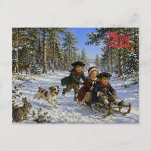 Weihnachts-Schlittenfahrt durch den Wald Feiertagspostkarte