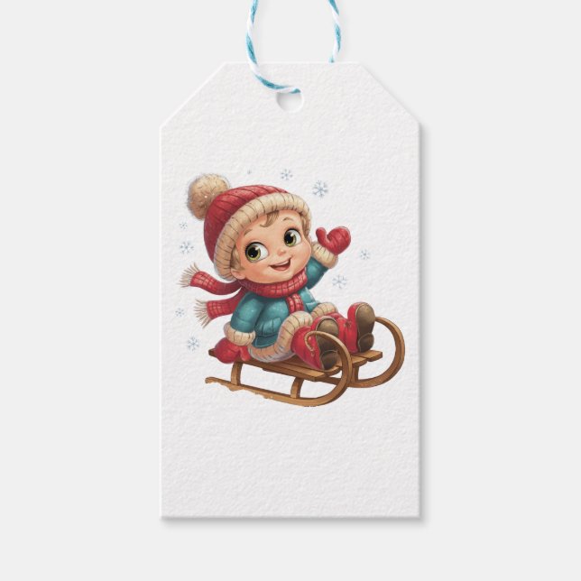 Weihnachts Schlittenfahrt mit Adorable Winter Chil Geschenkanhänger (Vorderseite)