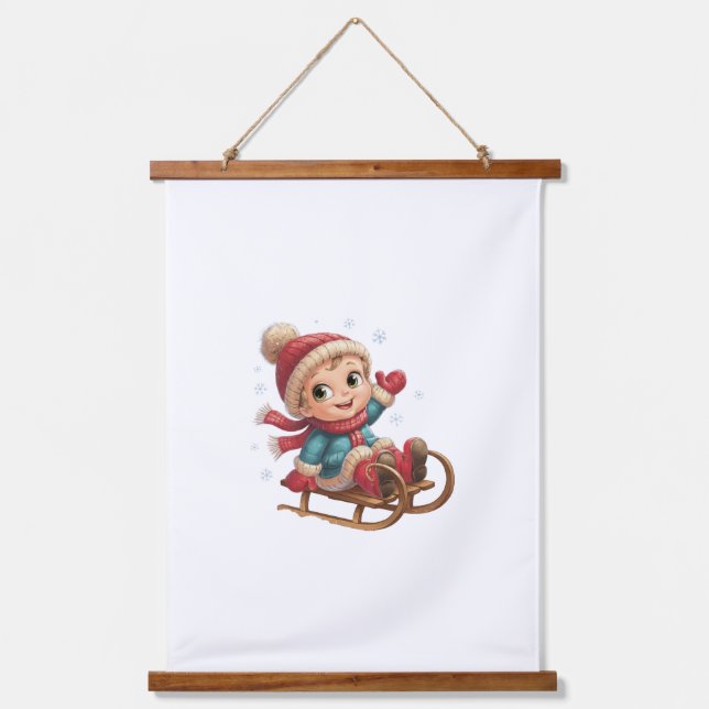 Weihnachts Schlittenfahrt mit Adorable Winter Chil Wandteppich Mit Holzrahmen (Vorderseite)