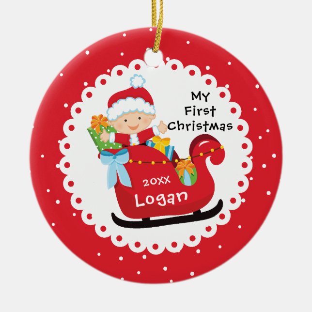 Weihnachts-Schlittenjunges Keramik Ornament (Vorne)