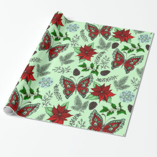 Weihnachts-Schmetterling Poinsettie Stechpalme Wra Geschenkpapier