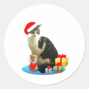 Weihnachts-Schmusekatze und süßer kleiner Engel Runder Aufkleber