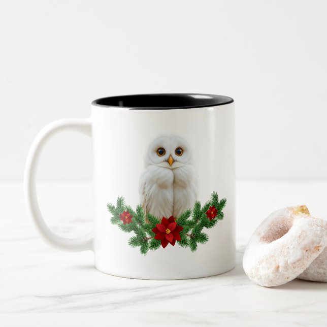 Weihnachts-Schnee-Eule Zweifarbige Tasse (Mit Donut)