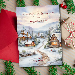 Weihnachts-Schneeballhäuser Pinienbäume Feiertagskarte