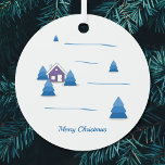 Weihnachts-Schneebesichtigung Ornament Aus Metall<br><div class="desc">Dekorieren Sie Ihren Weihnachtsbaum mit diesem Ornament! Es kommt mit einer schneebedeckten Landschaft in einem Aquarell-Stil mit Tannen und einem lila Haus und dem Text Frohe Weihnachten!</div>
