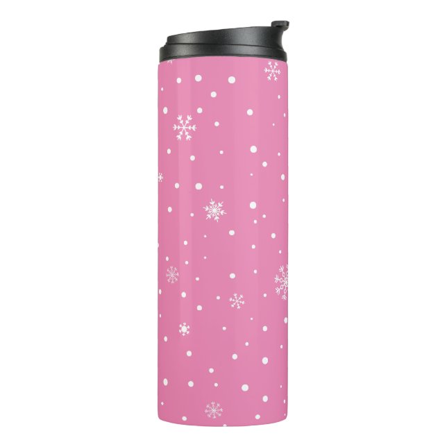 Weihnachts-Schneeflocke Rosa und Weißer Polka Dot Thermosbecher (Nach links gedreht)